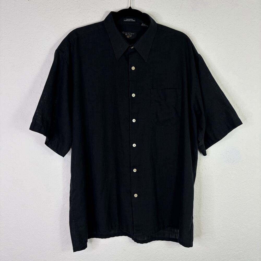 Countess Mara Black Short Sleeve Shirt Size XL Cotton Blend made in Hong Kong